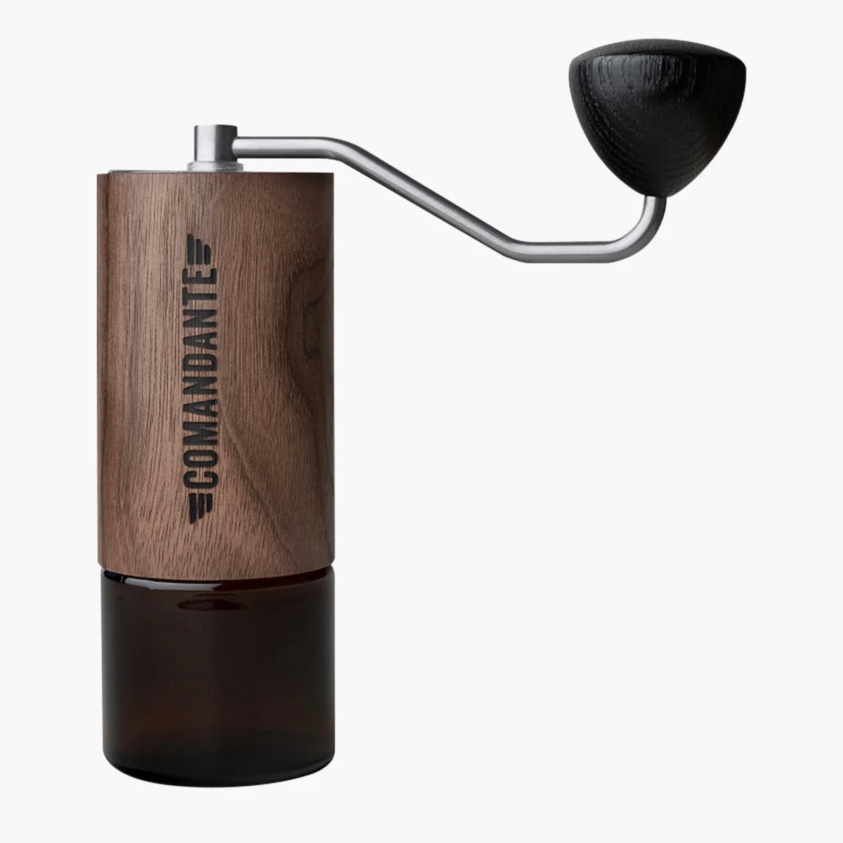 Handkaffeemühle Comandante C40 mit Korpus aus Nussbaumholz, Edelstahlkurbel und Glasbehälter