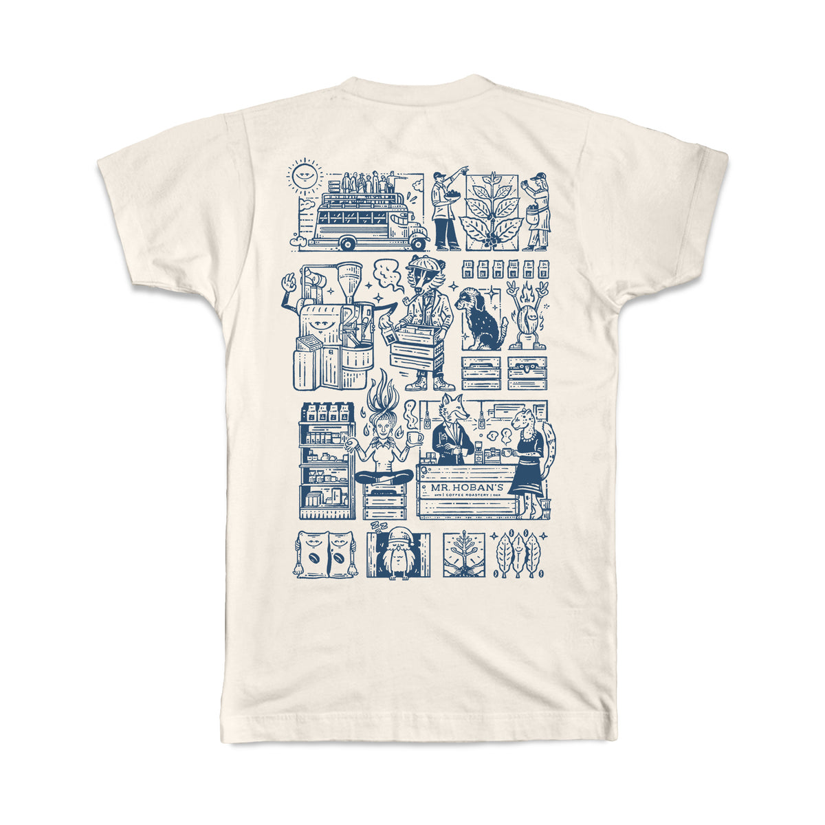 Rückseite des cremefarbenen Mr. Hoban's T-Shirts mit großer Illustration rund um Kaffee