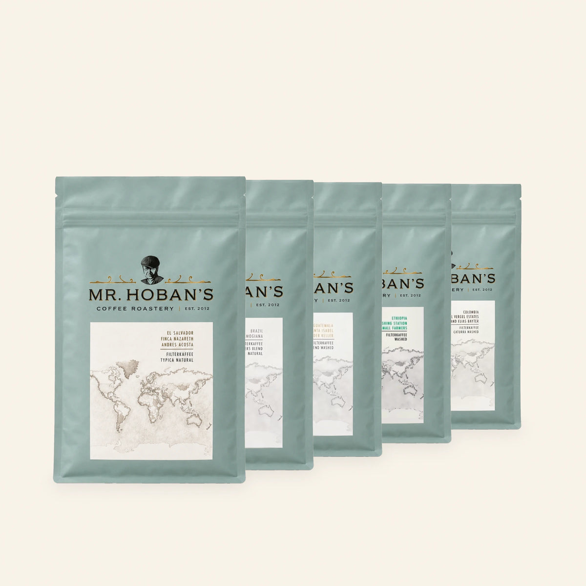 Fünf Mr. Hoban's Filterkaffee-Packungen hintereinander gestaffelt