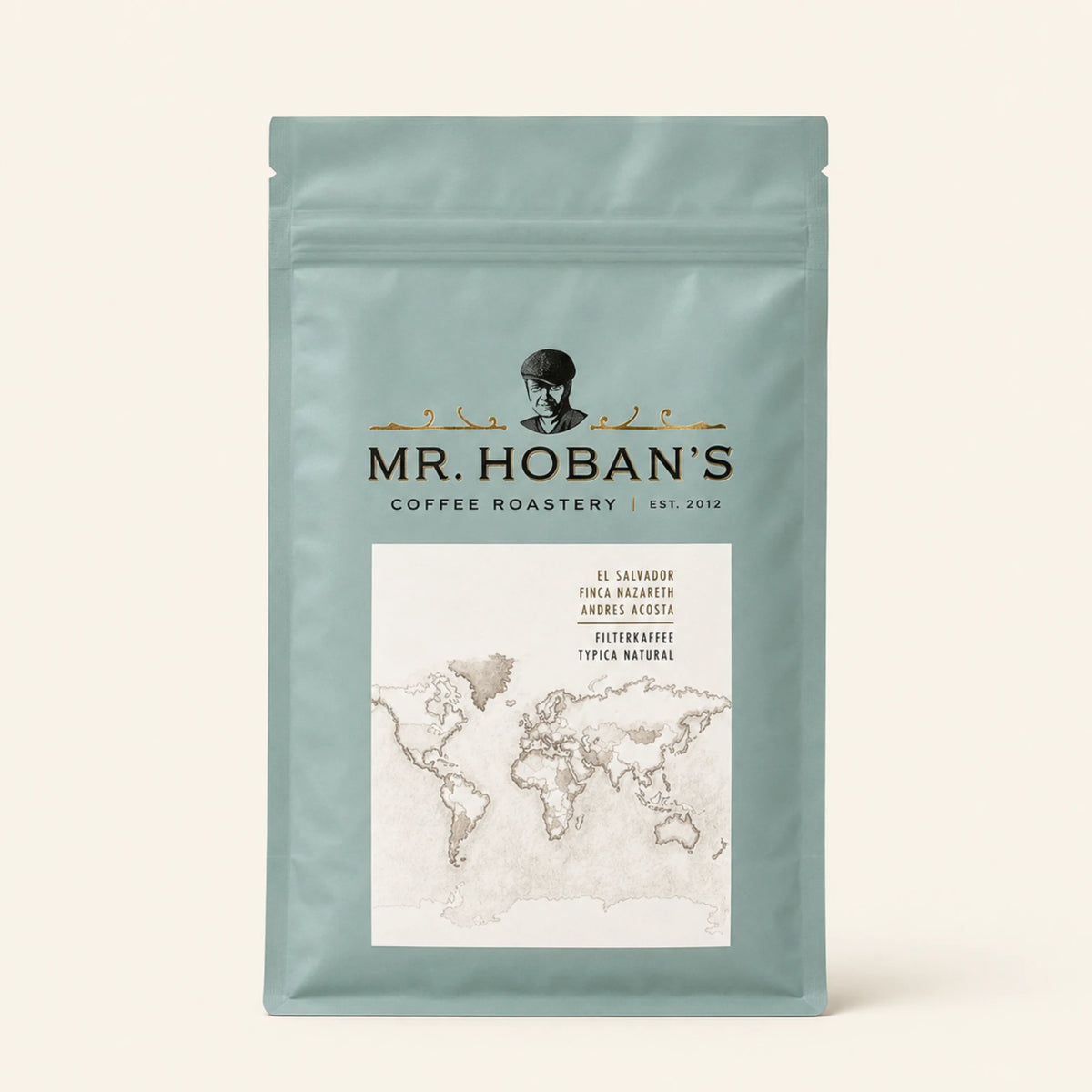 Mr. Hoban's Kaffeepackung El Salvador Finca Nazareth mit Weltkarte auf dem Etikett