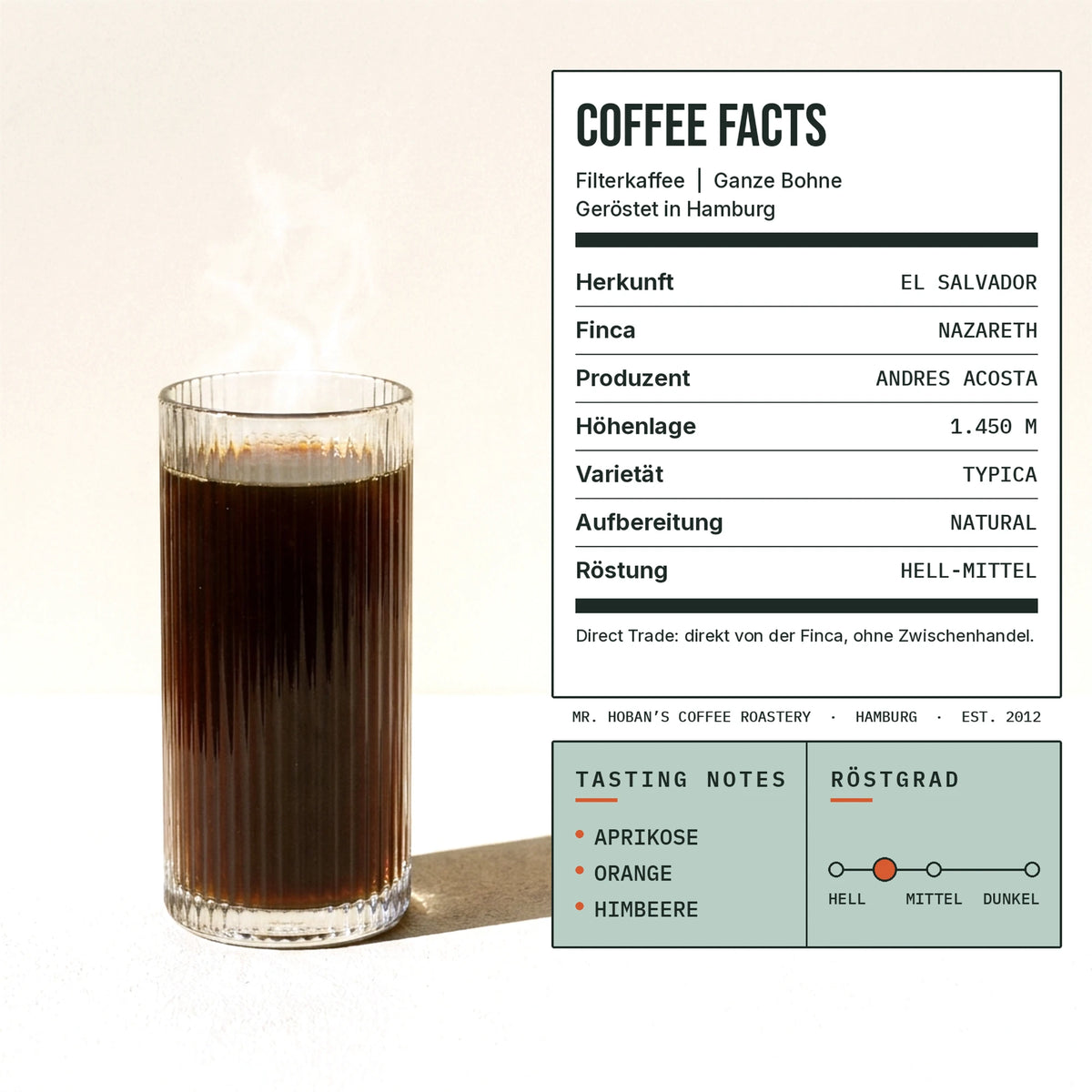 Dampfender Kaffee im Glas neben einer Tafel mit Herkunft, Höhenlage und Tasting Notes