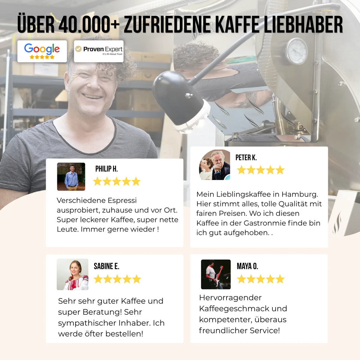 Kundenstimmen mit fünf Sternen von Google und ProvenExpert, darüber über 40.000 zufriedene Kaffeeliebhaber