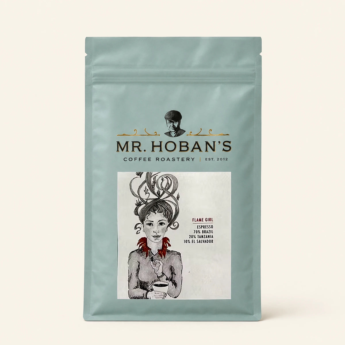 Mr. Hoban's Espressopackung Flame Girl mit gezeichneter Frau mit Lockenfrisur