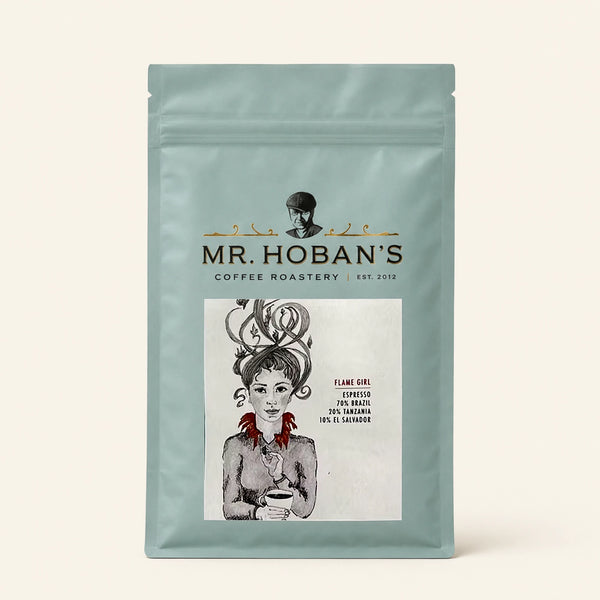 Mr. Hoban's Espressopackung Flame Girl mit gezeichneter Frau mit Lockenfrisur