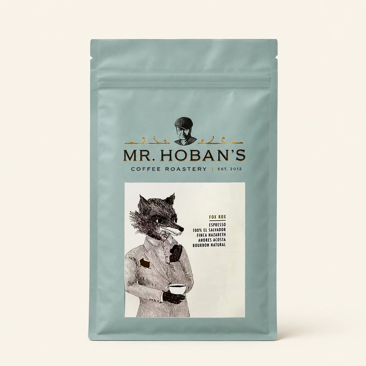 Mr. Hoban's Espressopackung Fox Rox mit gezeichnetem Fuchs im Anzug