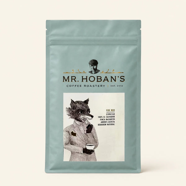 Mr. Hoban's Espressopackung Fox Rox mit gezeichnetem Fuchs im Anzug