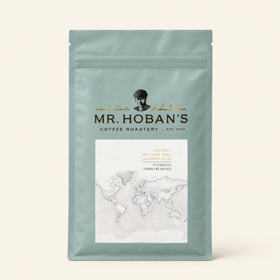 Mr. Hoban's Kaffeepackung Guatemala Finca Santa Isabel mit Weltkarte auf dem Etikett