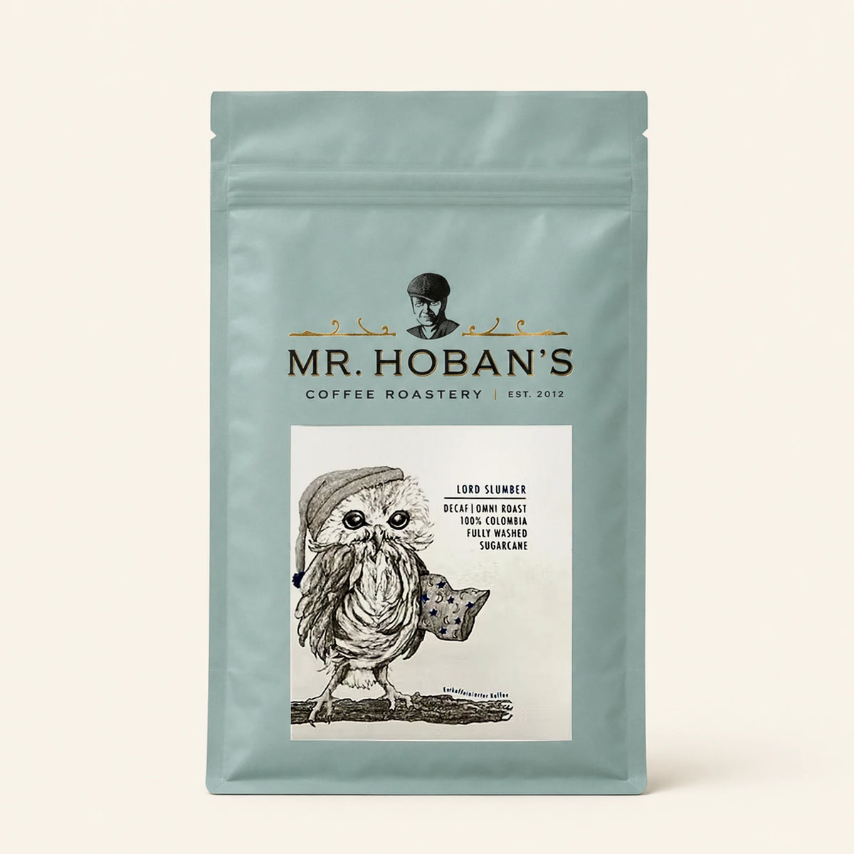 Mr. Hoban's Kaffeepackung Lord Slumber, entkoffeiniert, mit gezeichneter Eule
