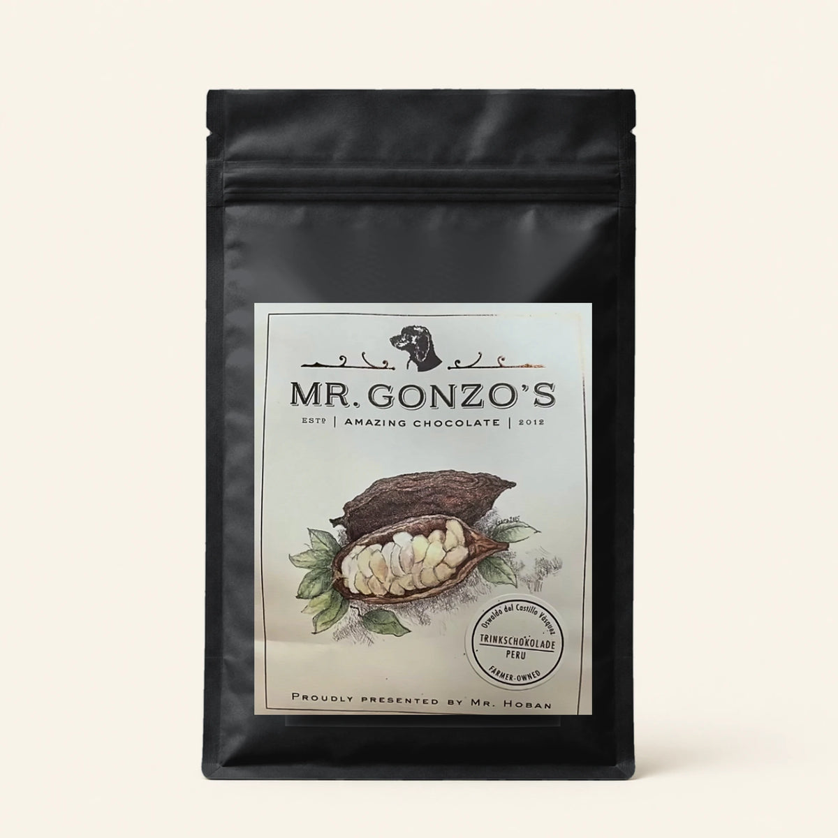 Schwarze Packung Mr. Gonzo's Amazing Chocolate mit gezeichneter Kakaofrucht