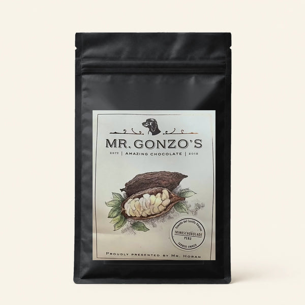 Schwarze Packung Mr. Gonzo's Amazing Chocolate mit gezeichneter Kakaofrucht