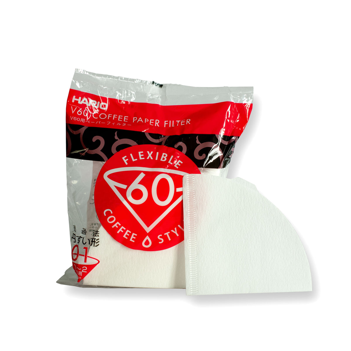 Hario V60 Papierfilter Größe 01 in der Verpackung, ein einzelner Filter davor