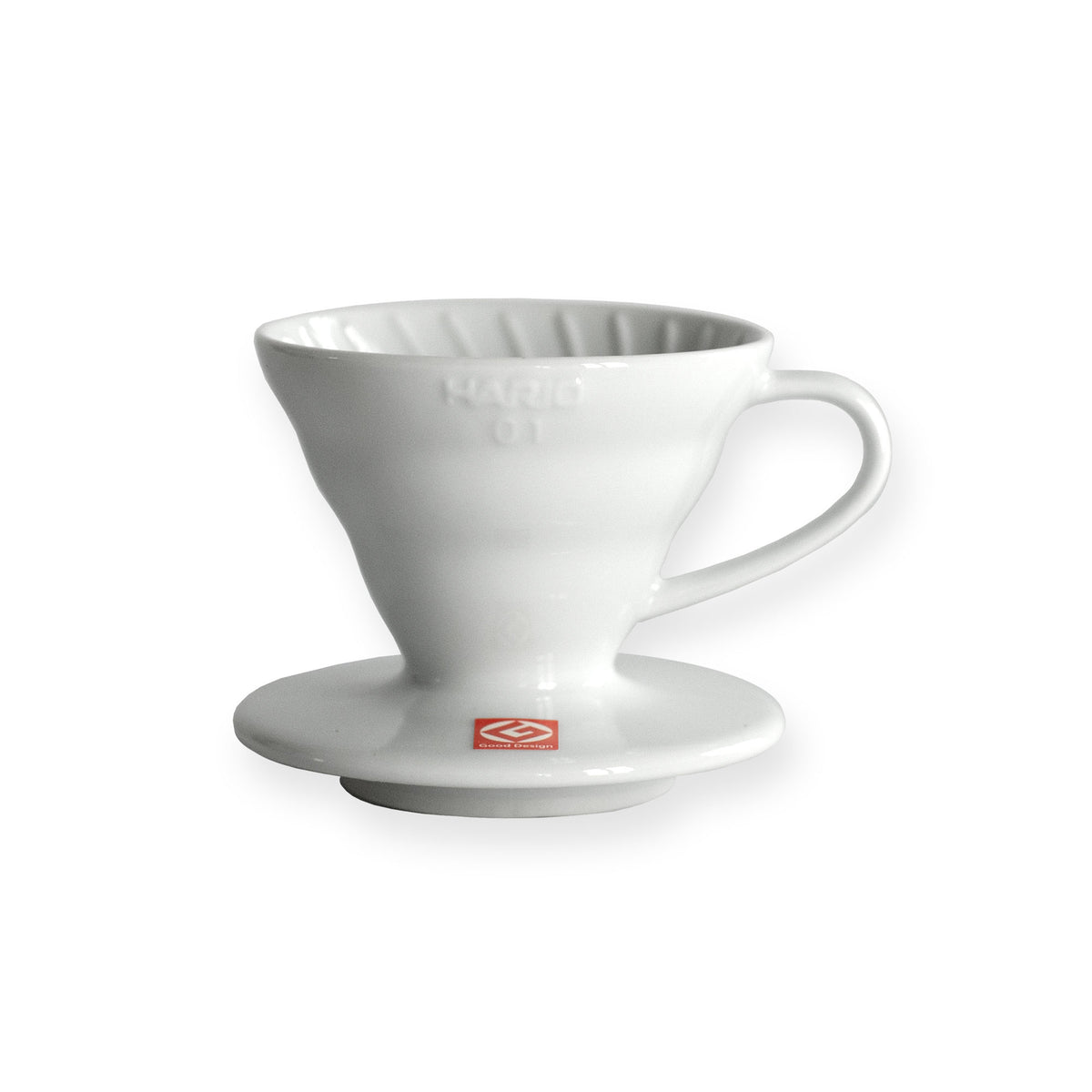 Hario V60 Keramikfilter Größe 01 in Weiß, Seitenansicht mit Henkel