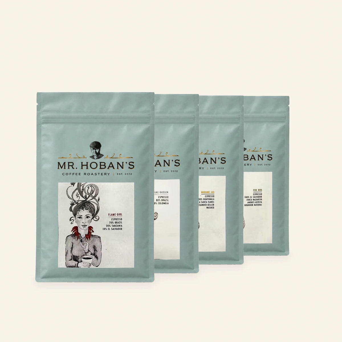 Vier Mr. Hoban's Espressopackungen hintereinander gestaffelt
